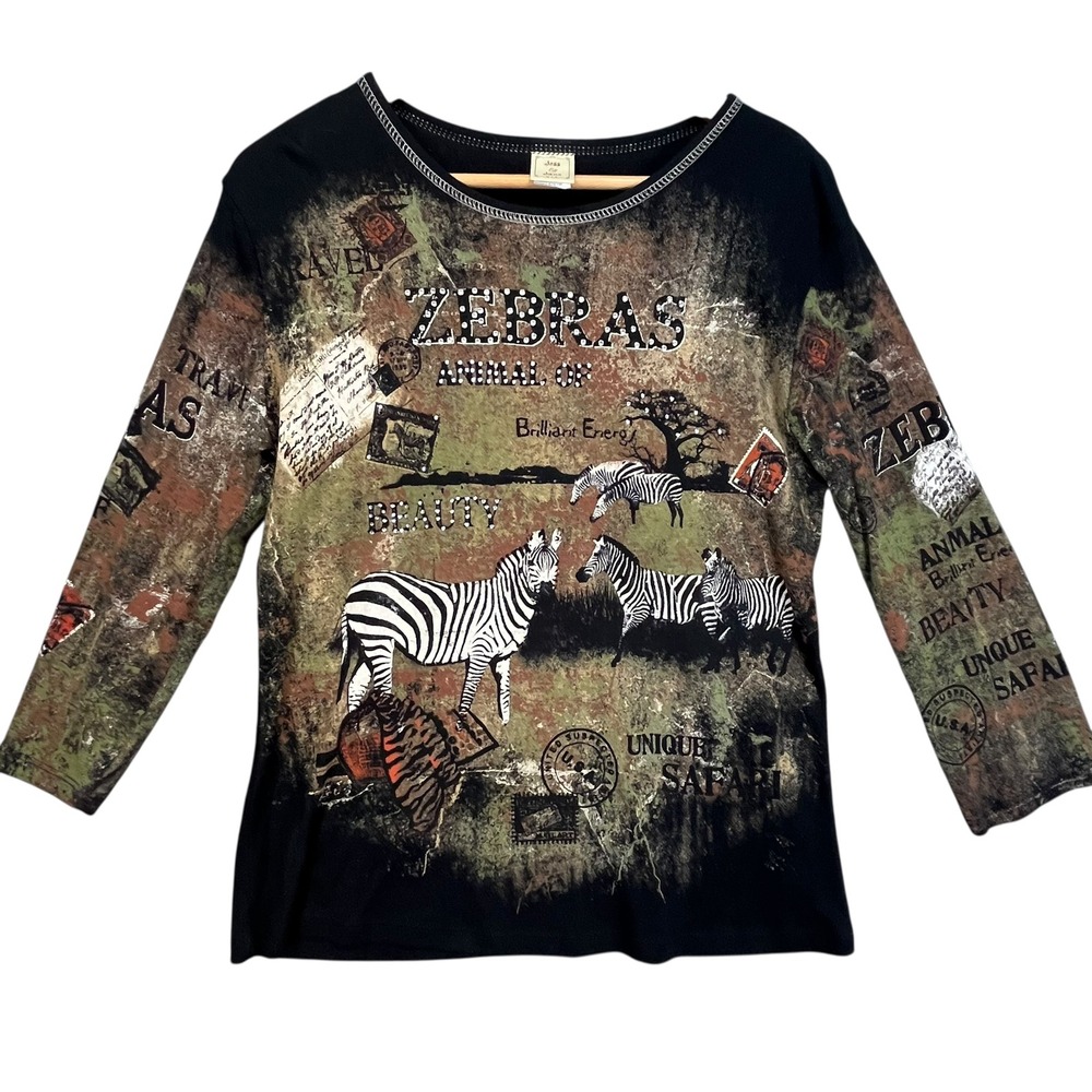 Jess‎ & Jane Zebra Safari Animal Print Graphic Top 100% Cotton USA Medium